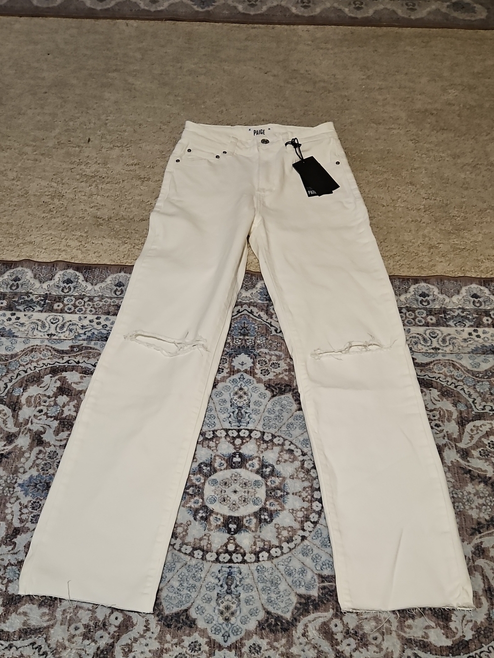 PAIGE White Straight-Leg Jeans with Knee Rips